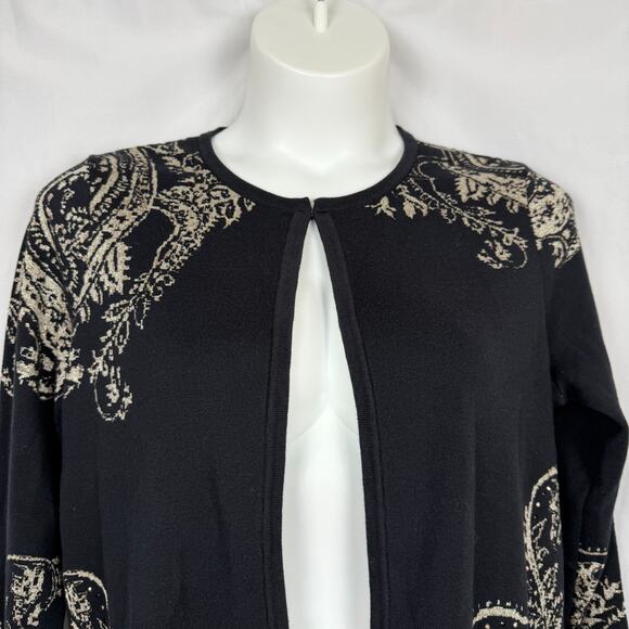 CHICOS Womens Black Silver Gold Detailed Cardigan Sweater 3/XL/16 Holiday Party - Picture 3 of 9